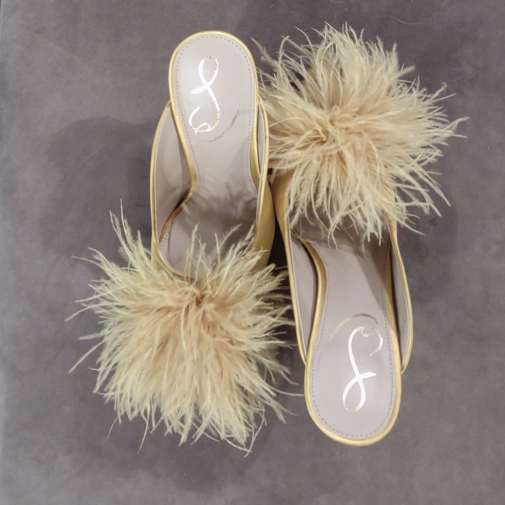 Satin Gold Feather Pompom Mules 5